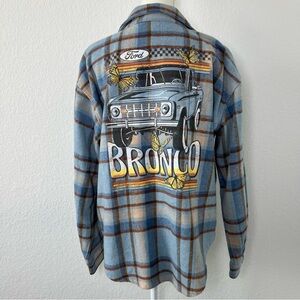 Ford Bronco Official Licensed Blue and Tan Plaid Flannel Shacket Size Large